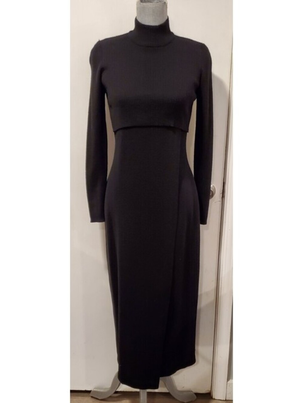Outlander Small Black Faux Maxi Wrap Wool Dress Vintage Knitted 70s 80s